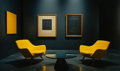Empty frame display in a dark room with striking yellow furniture.
