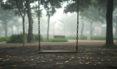 Empty swing in a smog-filled park, contrasting lost childhood with environmental neglect.