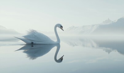 Obraz premium Elegant swan gliding across a still lake, its reflection perfectly mirrored in the glassy water.