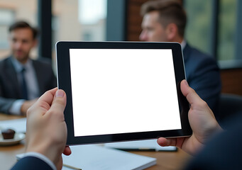blank tablet screen blurred background business meeting copy space based generative ai