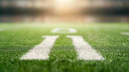 Naklejka premium A pristine football field decorated for the Super Bowl, with yard lines, end zones painted with team colors