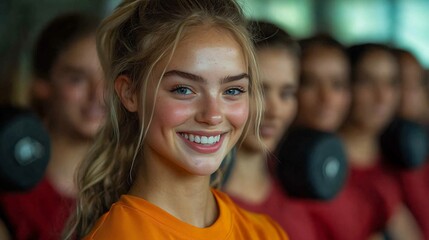 Group of friends lifting weights together laughing motivating each other in a social fitness environment