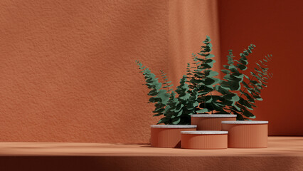 brown color curved cylinder podium in landscape minimal scene, rendering 3d mockup space