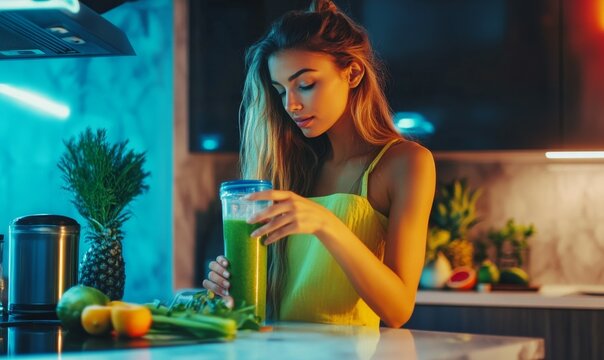 Fitness influencer blending a green smoothie, vibrant ingredients and sleek kitchen aesthetics, social media-ready vibe promoting health,