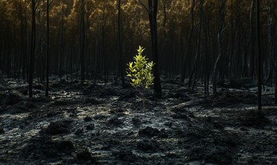 Forest burnt to ash, with a single green sapling growing in stark contrast.