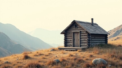 Rustic Log Cabin Retreat on a Serene Mountaintop Meadow at Golden Hour