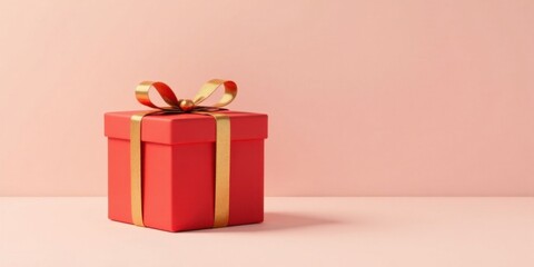 Obraz premium A vibrant red gift box adorned with a golden ribbon, a symbol of celebration and thoughtful giving, sits on a soft pink surface, ready to be presented.