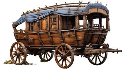 Fototapeta premium Wooden wagon cart in an outdoor rural setting, representing historic farming and transport methods, studio view, isolated on transparent background.