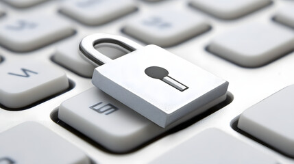 A silver padlock rests on a white keyboard, symbolizing online security, data protection, and...