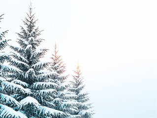 Obraz premium Snow-covered evergreen trees against a bright winter sky. A serene and peaceful depiction of a cold but beautiful snowy landscape.