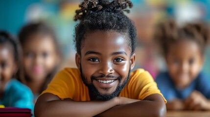 Happy children a colorful technologydriven classroom using advanced tablets and digital learning tools as their teacher offers guidance and support in a vibrant learning environment