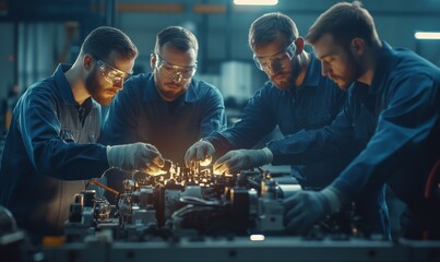 Group of mechanical engineers testing an automotive engine, refining performance on Engineer's Day.