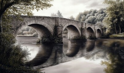 Fototapeta premium Historic bridge over a calm river, pencil art showcasing its stone arches, soft reflections in the water, detailed textures of nearby foliage, peaceful scene,