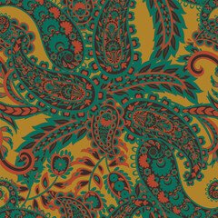 Madhubani, kalamkari, kani seamless pattern. Vector Ajrakh Ikat print patola. Background digital printing textile pattern floral allover design