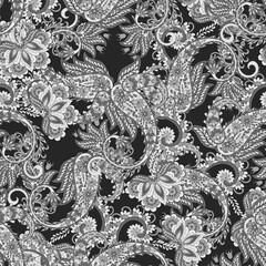 Floral seamless pattern with paisley ornament. Vector illustration in asian textile style