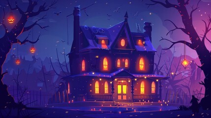 A spooky, illuminated house stands in a dark, eerie setting, surrounded by bare trees and glowing lanterns, creating a mysterious Halloween atmosphere.