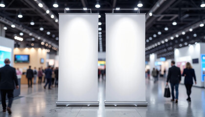 Blank roll-up banners at busy trade show exhibition hall