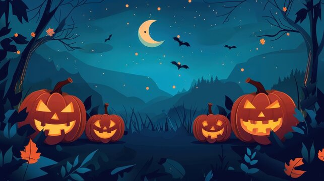 A whimsical Halloween scene with glowing jack-o'-lanterns, bats, and a crescent moon against a dark, starry backdrop.