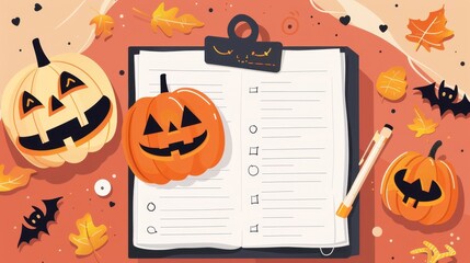 A festive Halloween scene featuring carved pumpkins, autumn leaves, bats, and a clipboard with a checklist, set against a warm, seasonal background.