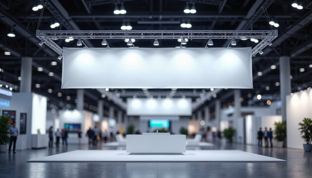 Blank trade show banner mockup in exhibition hall