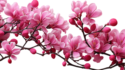 Bright pink blossoms of Eastern Redbud trees in full bloom, showcasing the beauty of spring, studio view, isolated on transparent background.