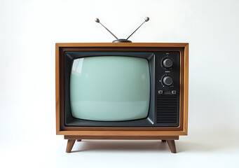 white background retro tv box wooden material frame around screen