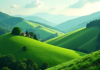 Gardinen picturesque hill landscapes cut larger image green hues dominating © Galeno
