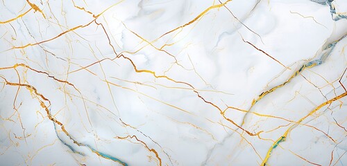Elegant white marble background with golden cracking lines and vibrant blue accents, luxurious design