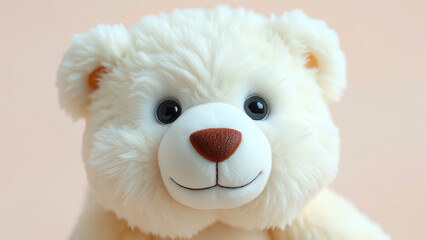 Polar Bear Plush (Close-Up): A close-up view of a soft, fluffy polar bear plush toy with detailed fur textures, showcasing its round black eyes, small nose, and adorable expression