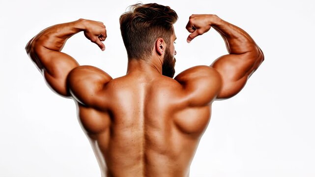 Muscular male athlete on white background, with big biceps and strong torso.