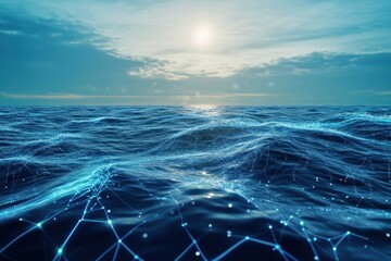 Digital waves ripple under a bright sun over a calm ocean on a clear day