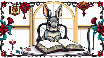 Cute bunny reading book surrounded by flowers in whimsical illustration style
