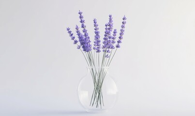 Isolated stem of lavender in a clear glass vase, fine details of flowers and minimalist composition emphasized.