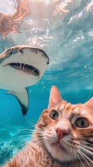 Cat Taking a Selfie with Shark in Underwater Adventure