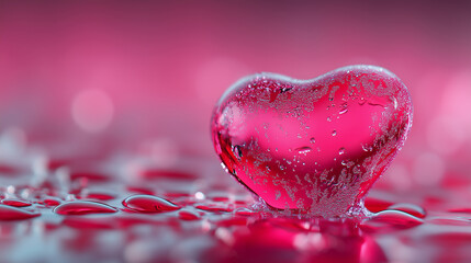 Heart-shaped ice sculpture glistening on a wet surface with vibrant pink background