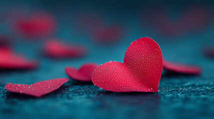 Obraz premium Red heart-shaped petals scattered on a dark surface with dew drops in a romantic setting