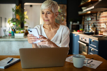 Senior woman working on laptop at modern kitchen