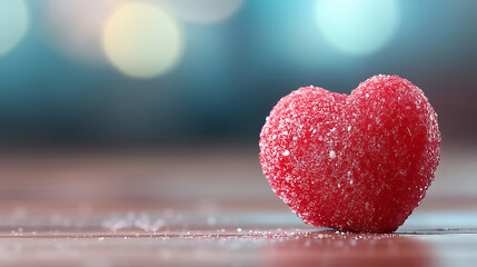 Fototapeta premium Heart-shaped candy with sparkling sugar crystals on a wooden surface in soft light