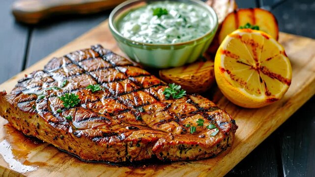 A savory Greek steak seasoned with lemon and oregano, served with roasted potatoes and creamy tzatziki on a clean backdrop.