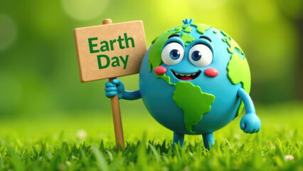 Obraz premium A cheerful cartoon Earth character holds a sign that says 