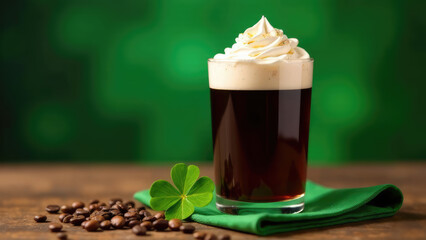 A glass of Irish coffee with a whipped cream top is placed on a wooden table with coffee beans and a shamrock. Concept of Irish hospitality.