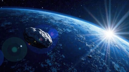 A large asteroid approaches a blue planet in space with a bright sun rising over its horizon. Concept of сosmic event.