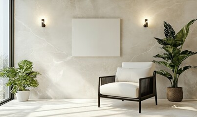 Modern interior scene with white armchair, blank canvas on textured concrete wall, potted plants, and contemporary wall light fixture. Mockup