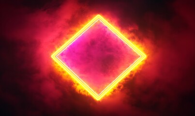 Pink and Yellow Neon Light with Cloud Formation. Diamond shaped Fluorescent Frame in Dark Environment.
