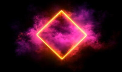 Pink and Yellow Neon Light with Cloud Formation. Diamond shaped Fluorescent Frame in Dark Environment.