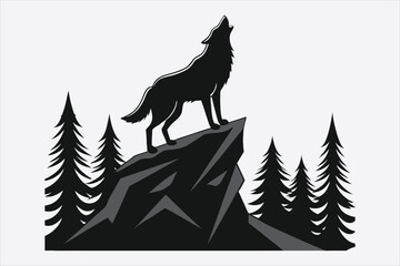 A stylized black and white silhouette of a wolf howling.