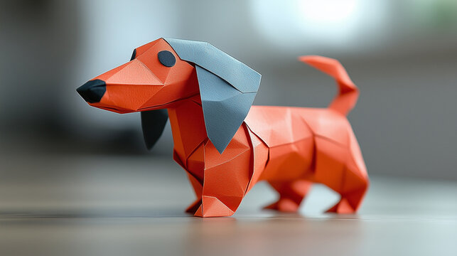 Origami dachshund crafted from colorful paper showcasing intricate details and expression
