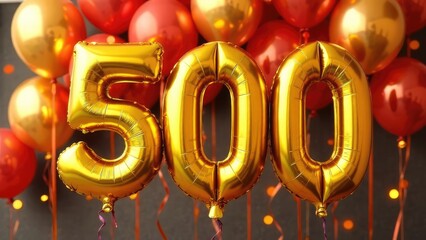 Golden foil number balloons spelling out 500 are displayed against a backdrop of red and gold balloons. Celebration milestone.
