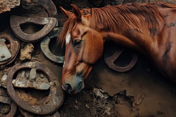 Horse resting near worn horseshoes among debris on a rustic farm