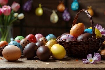 Celebrate Easter with Hand-Painted Eggs Surrounded by Spring Flowers, Generative AI